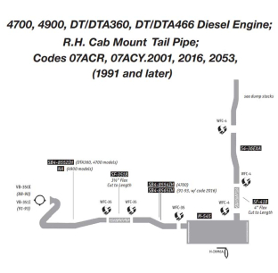International 4700, 4900 DT/DTA360, DT/DTA466 Exhaust Layout - R.H. Cab Mount Tail Pipe - Codes 07ACR, 0ACY. Fits 1991 and Later Models